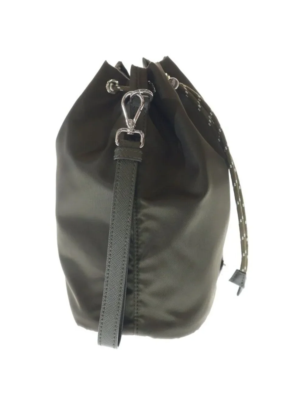 Prada Re-Nylon Speedlock Pouch Drawstring Leather Khaki Silver